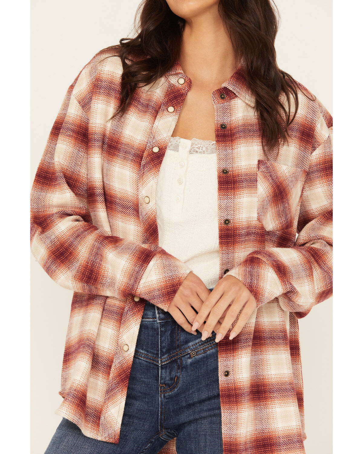 Image #3 - Idyllwind Women's Roby Plaid Print Long Sleeve Snap Shirt, Maroon, hi-res