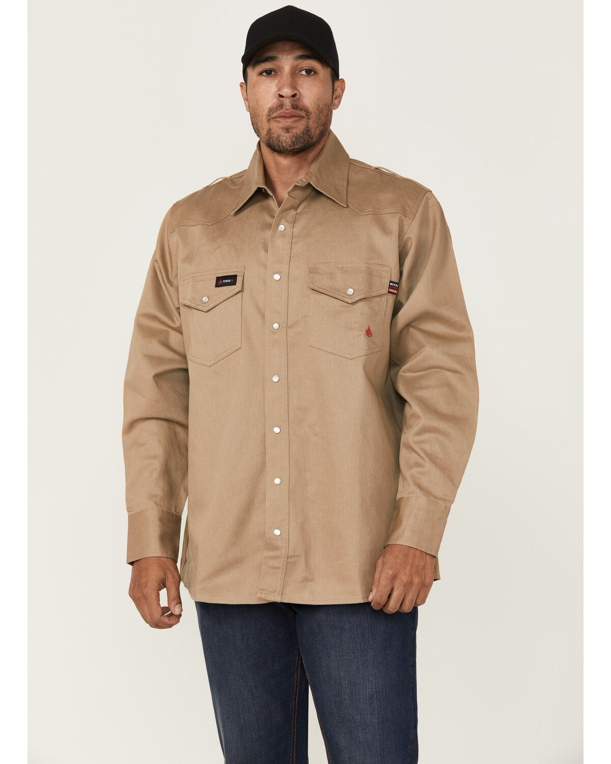 Image #1 - Forge Workwear Men's FR Solid Long Sleeve Snap Work Shirt, Khaki, hi-res