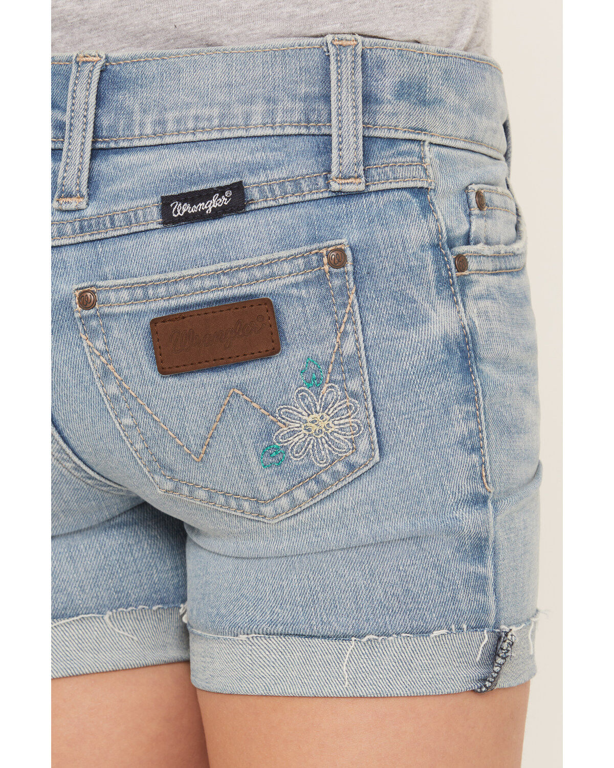 Image #4 - Wrangler Girls' Light Wash Cuffed Daisy Embroidered Jean Shorts, Blue, hi-res