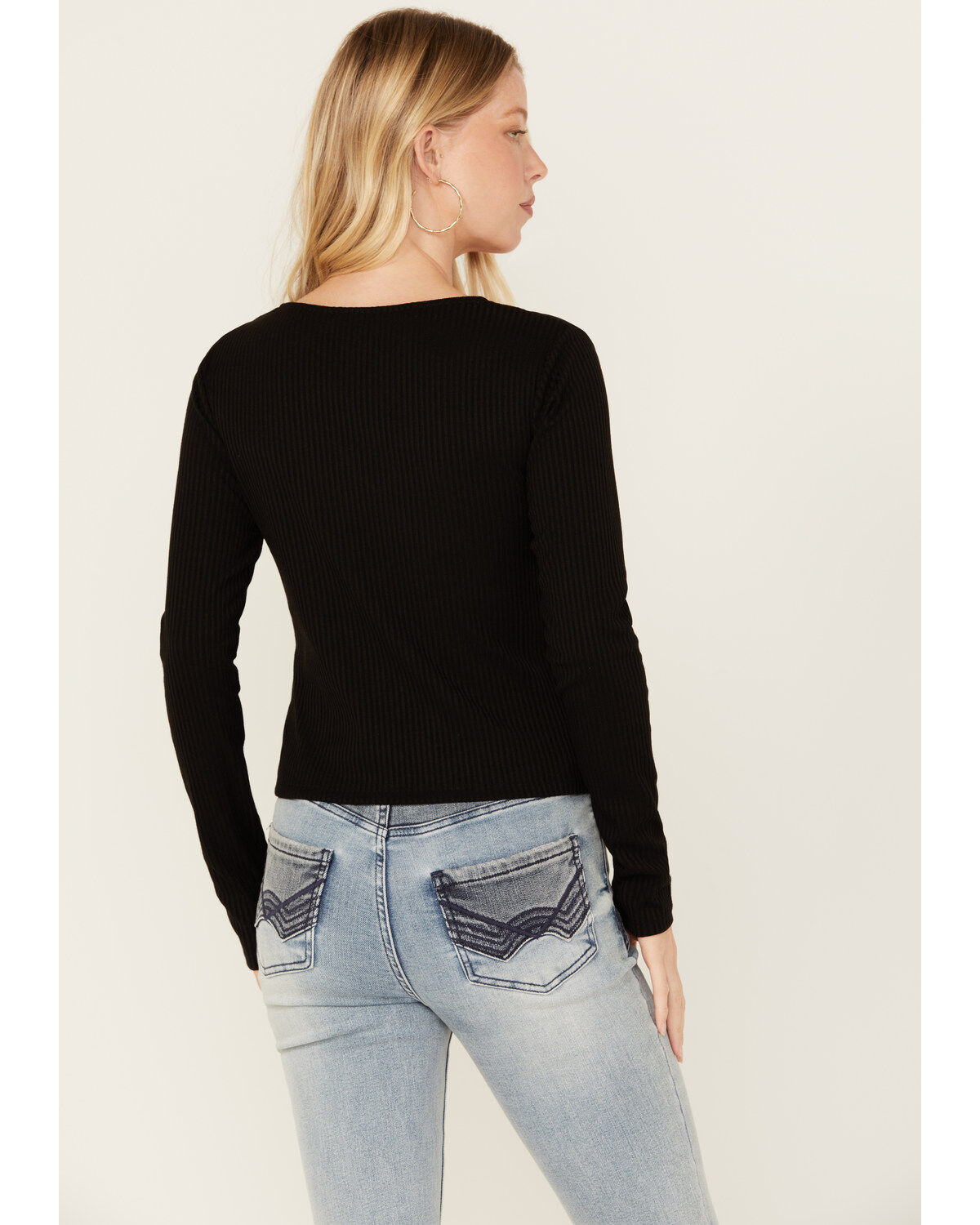 Image #4 - Miss Me Women's Boot Barn Exclusive Solid Long Sleeve Knit Top, Black, hi-res