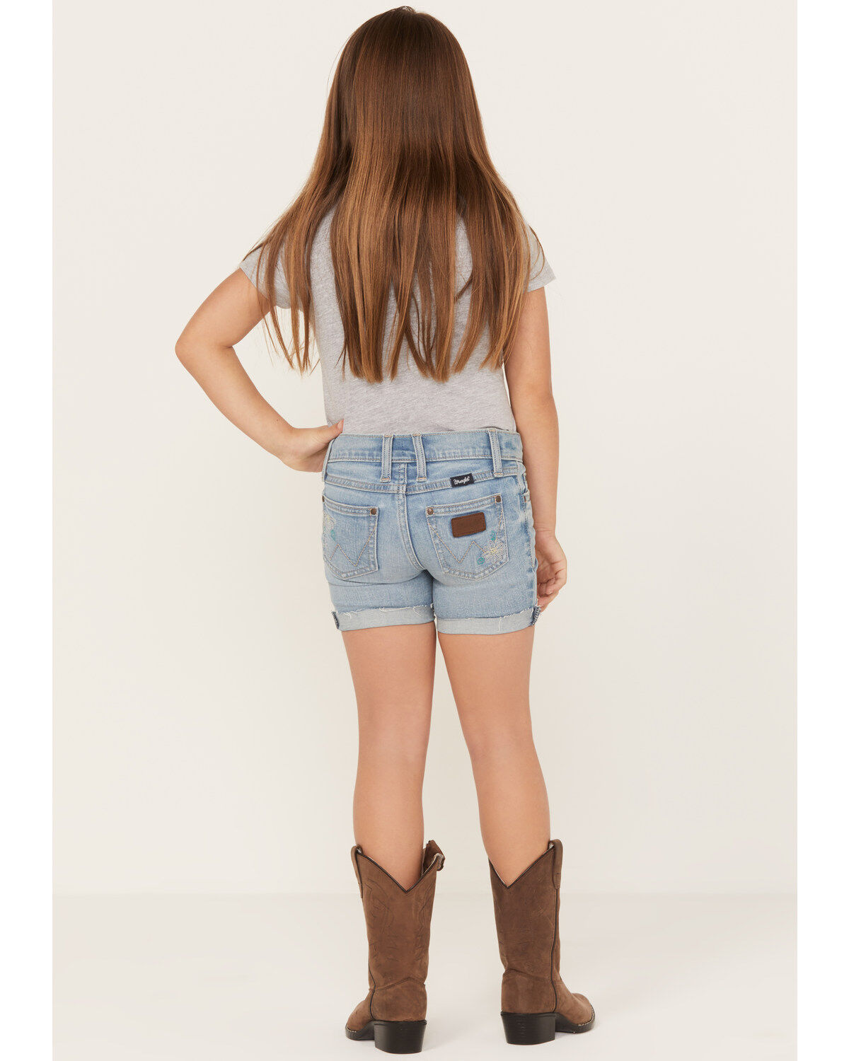 Image #3 - Wrangler Girls' Light Wash Cuffed Daisy Embroidered Jean Shorts, Blue, hi-res