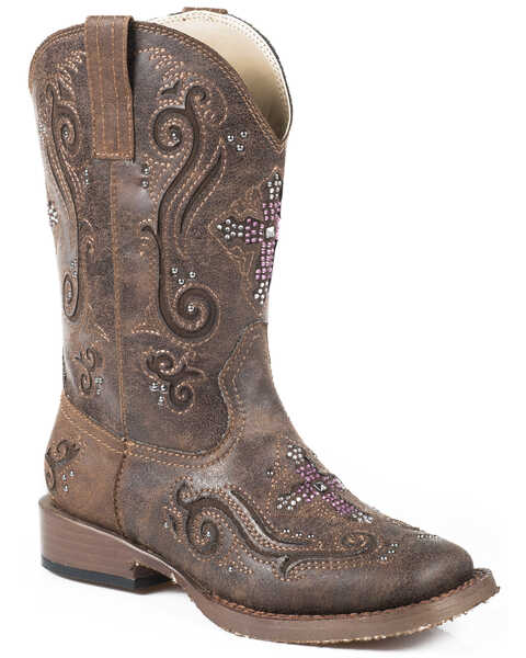 Roper Kid's Brown Faux Leather Cross Faith Western Boots, Brown, hi-res