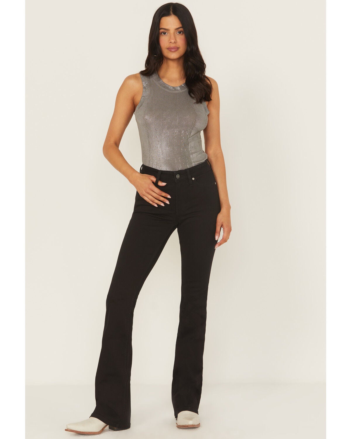 Shyanne Women's Aria Mid Rise Bootcut Super Stretch Denim Jeans, Black, hi-res