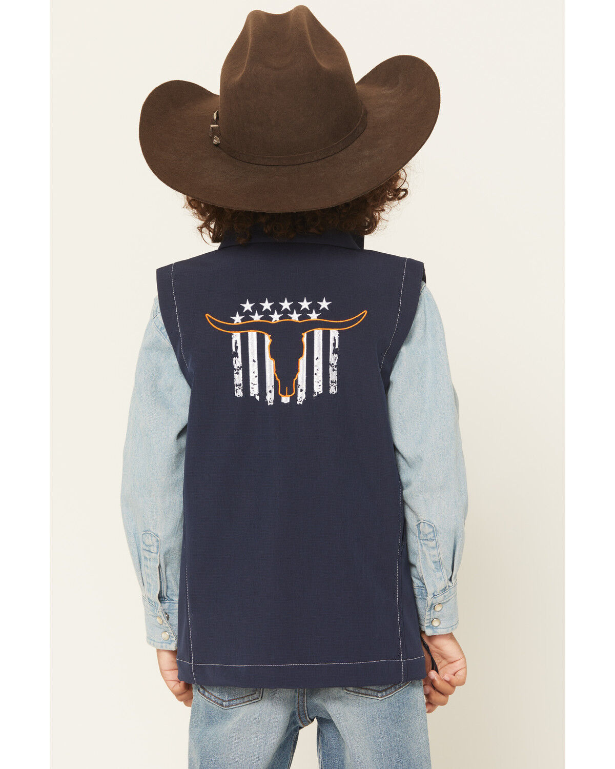 Image #4 - Cowboy Hardware Boys' Skull Banner Embroidered Softshell Vest, Navy, hi-res