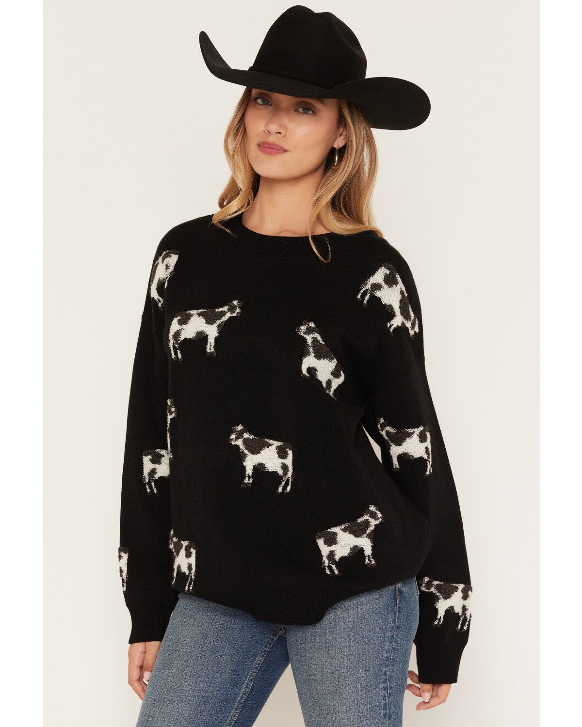 Originality Women's Cow Tunic Sweater, Black, hi-res