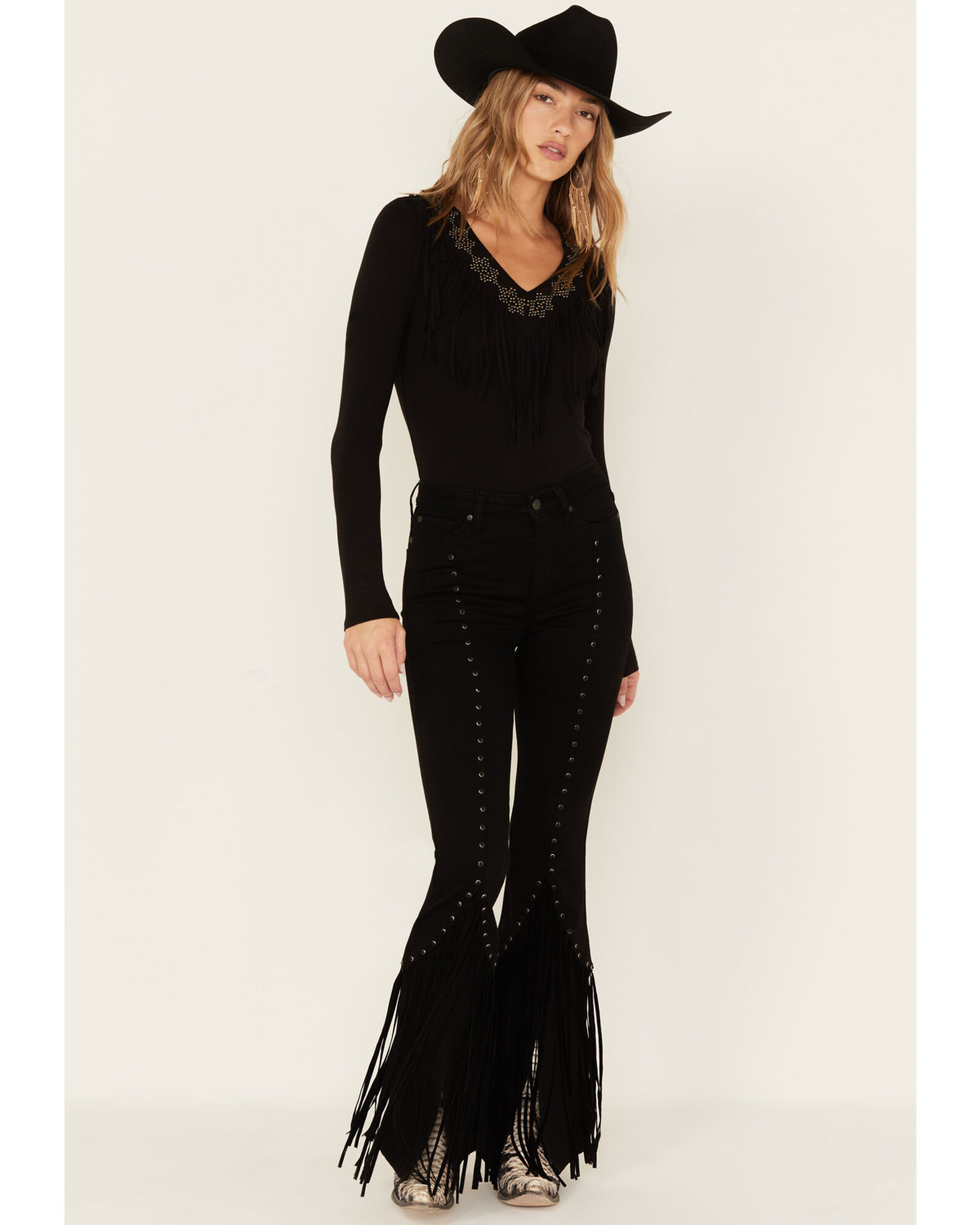 Black fringe cheap bottom jeans