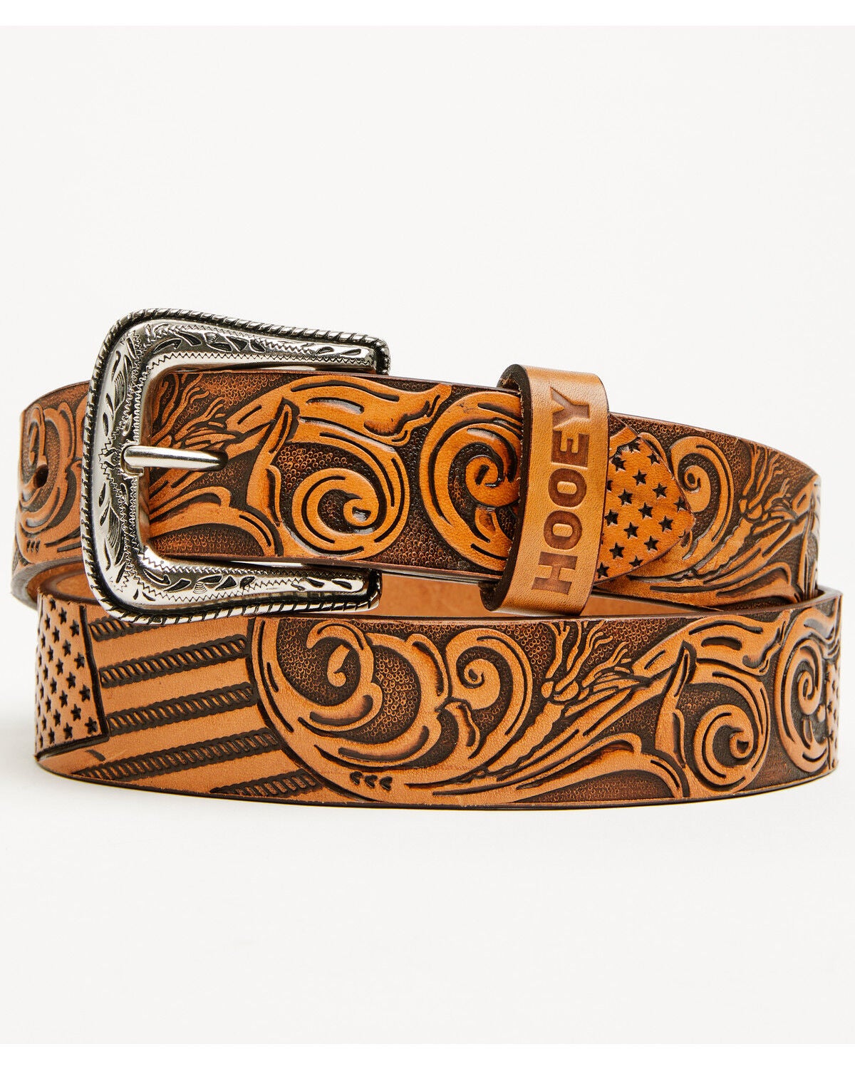 Hooey Men's American Flag Tooled Belt, Tan, hi-res