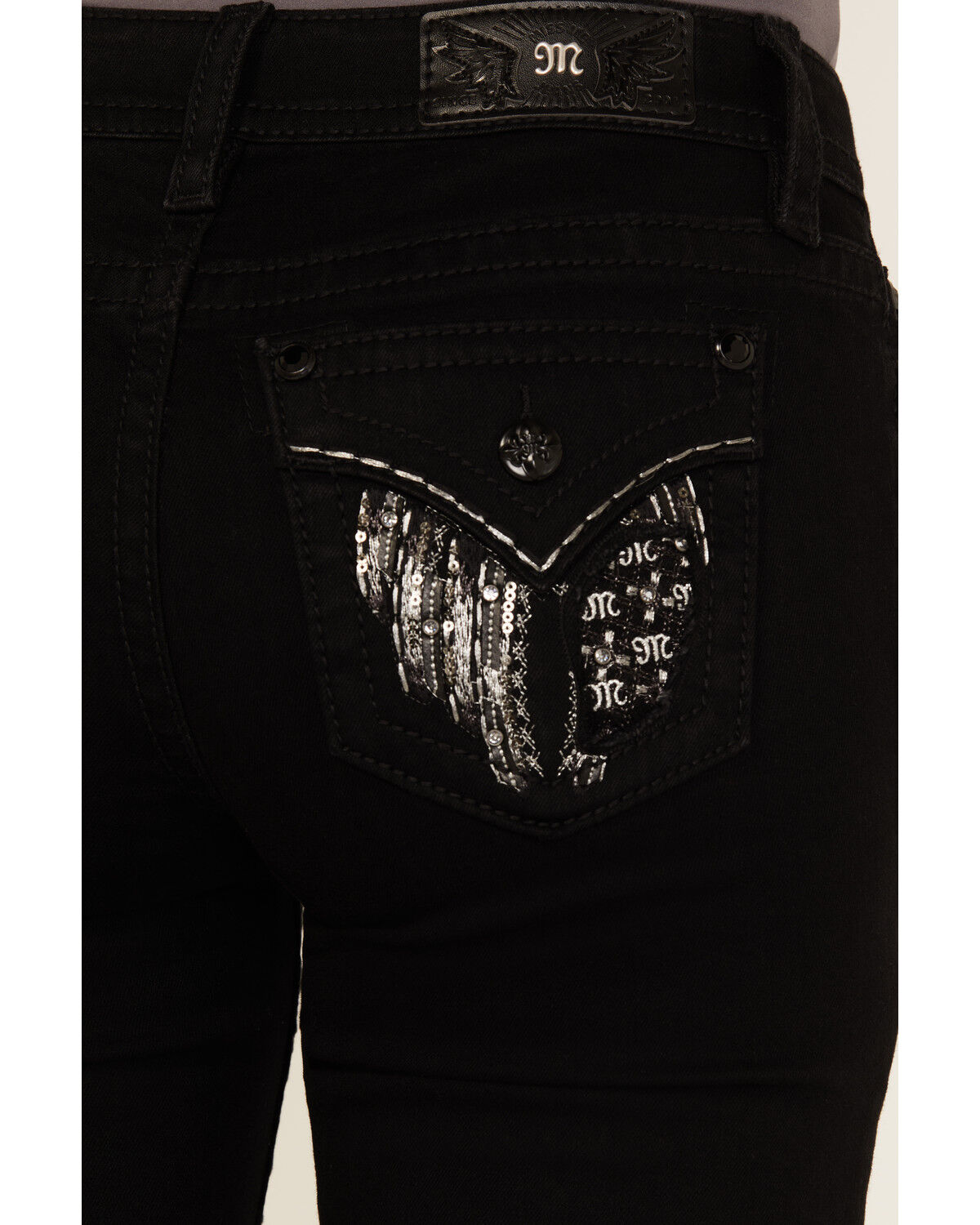 Image #2 - Miss Me Women's Wing Embroidered Mid Rise 32" Bootcut Stretch Denim Jeans, Black, hi-res