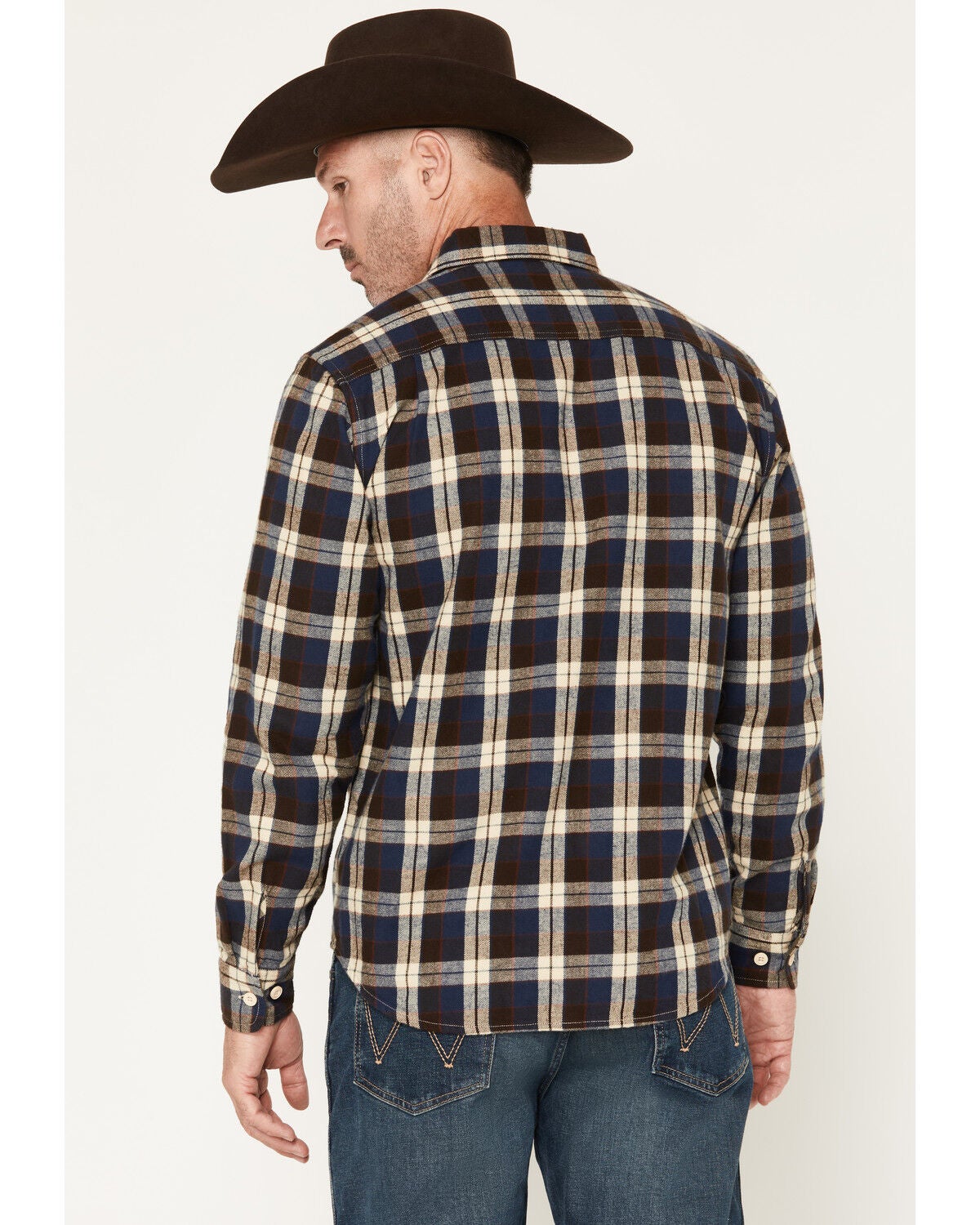 Image #4 - Seager Men's Calico Plaid Print Long Sleeve Button-Down Flannel Shirt, Navy, hi-res