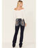 Miss Me Women's Medium Wash Mid Rise Embroidered Floral Steer Head & Sequin Bootcut Jeans , Dark Blue, hi-res