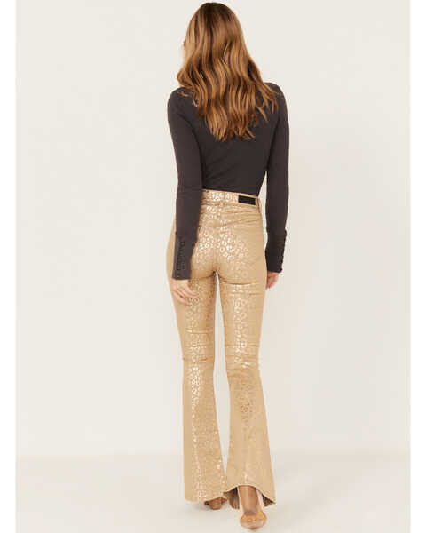 Image #4 - Rock & Roll Denim Women's Metallic Leopard Print High Rise Stretch Flare Jeans, Gold, hi-res