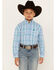 Panhandle Boys' Grid Plaid Print Long Sleeve Button Down Western Shirt, Turquoise, hi-res