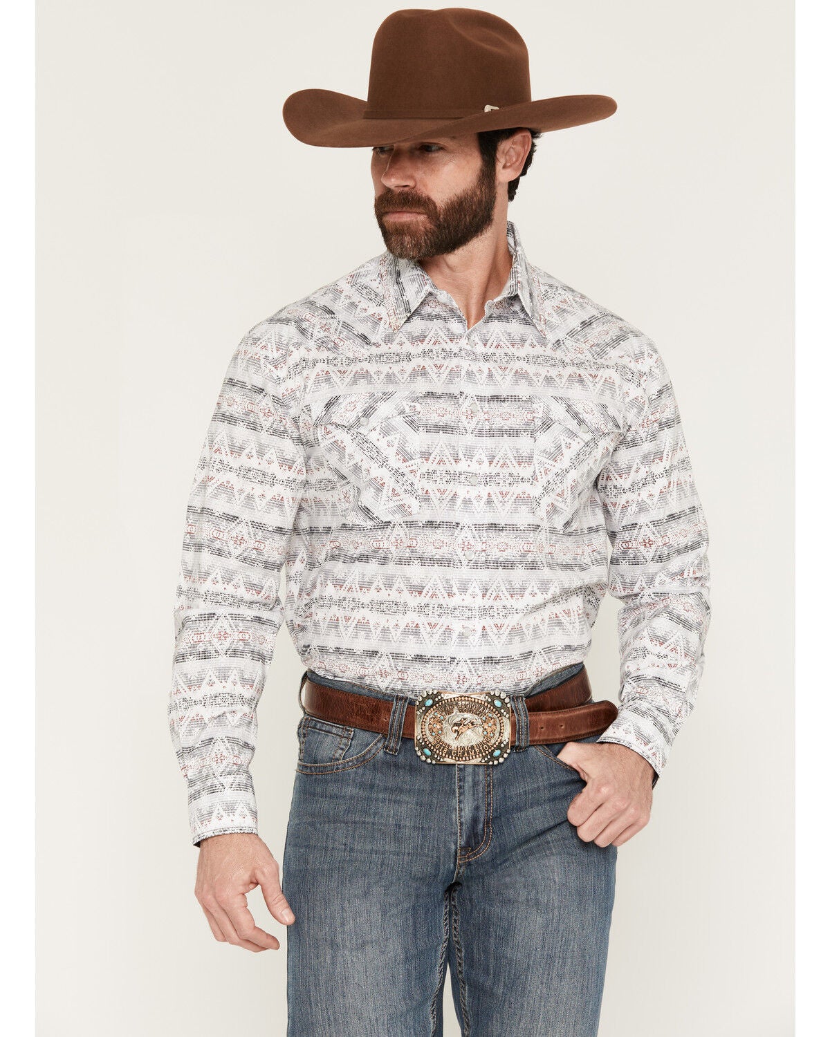 Image #1 - Panhandle Slim Men's Southwestern Print Long Sleeve Snap Stretch Western Shirt, White, hi-res