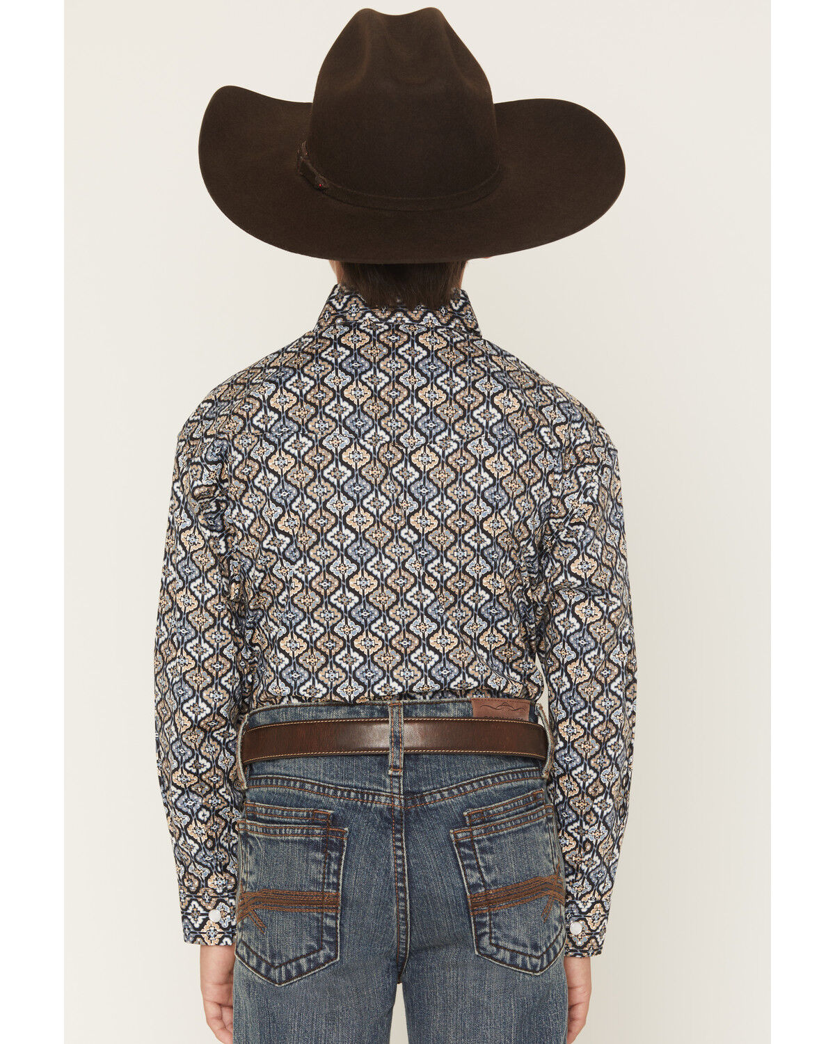 Image #4 - Panhandle Slim Boys' Geo Print Long Sleeve Snap Stretch Western Shirt, Navy, hi-res