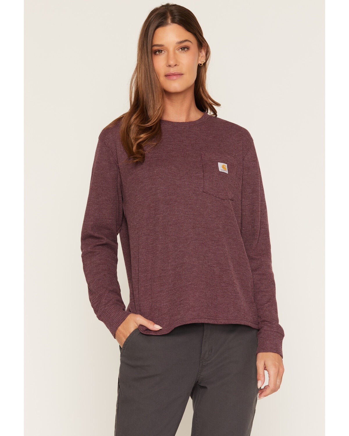 Carhartt Women's Waffle Knit Loose Fit Long Sleeve Work Shirt, Burgundy, hi-res