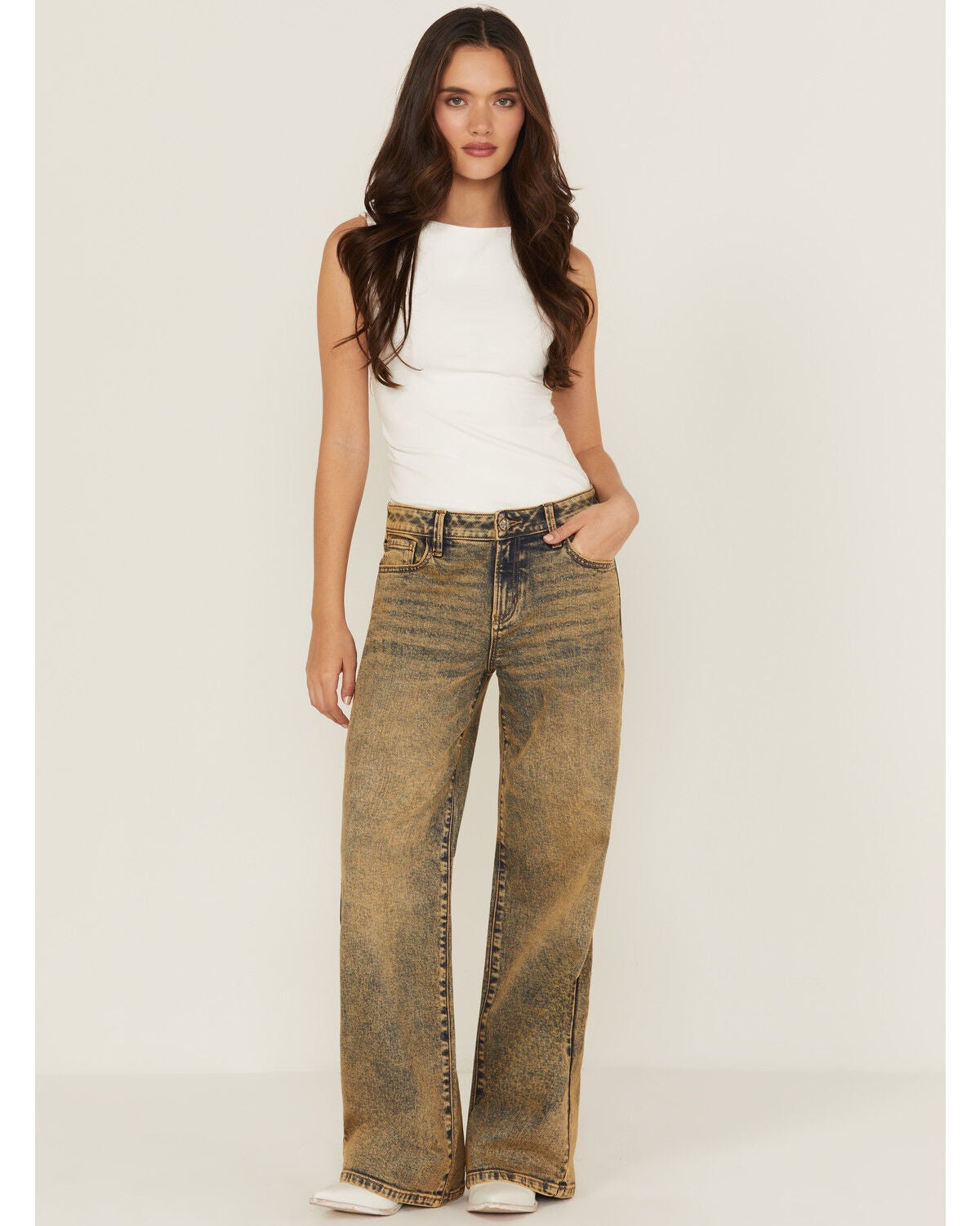 Miss Me Women's Vintage Mid Rise Baggy 32" Wide Leg Stretch Denim Jeans, Medium Wash, hi-res