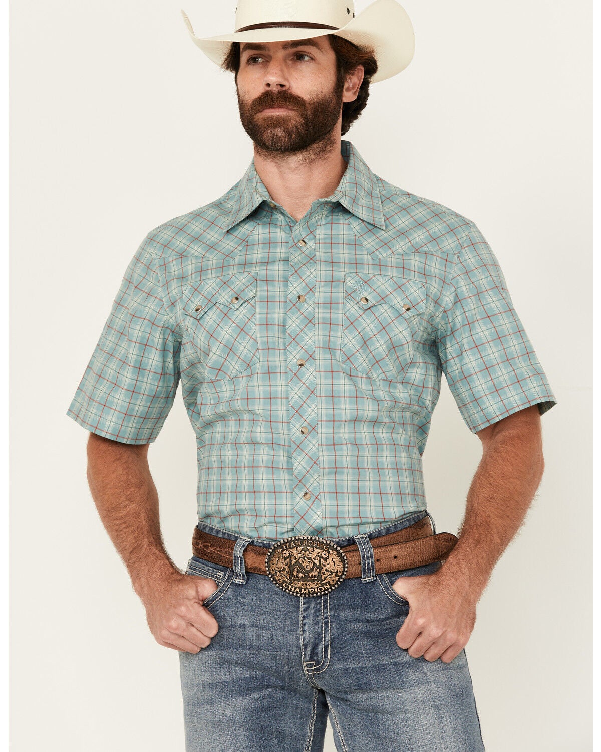 Wrangler Retro Men's Plaid Print Short Sleeve Snap Western Shirt, Turquoise, hi-res