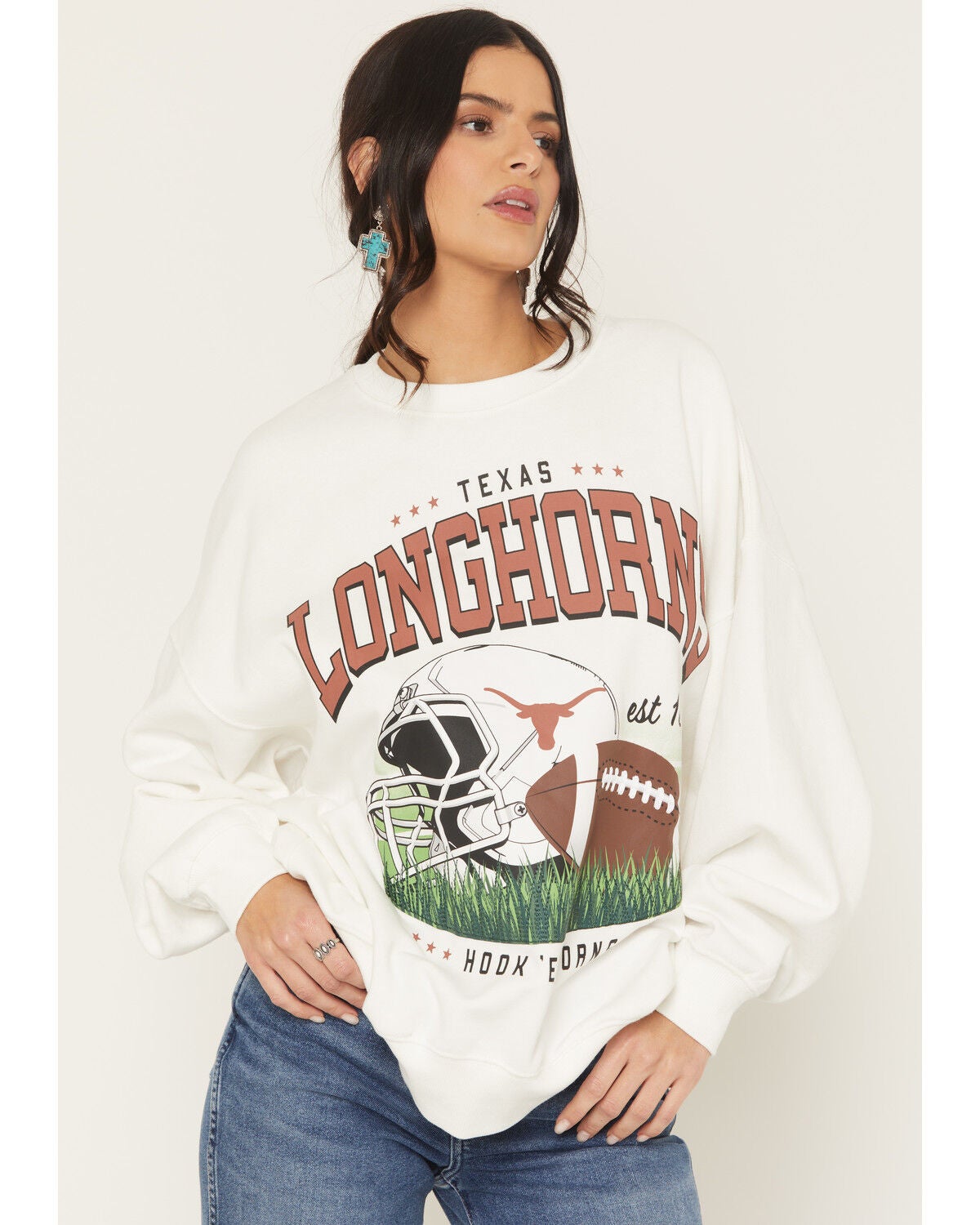 Gameday Women's Texas Longhorns Helmet Embroidered Graphic Crewneck, White, hi-res