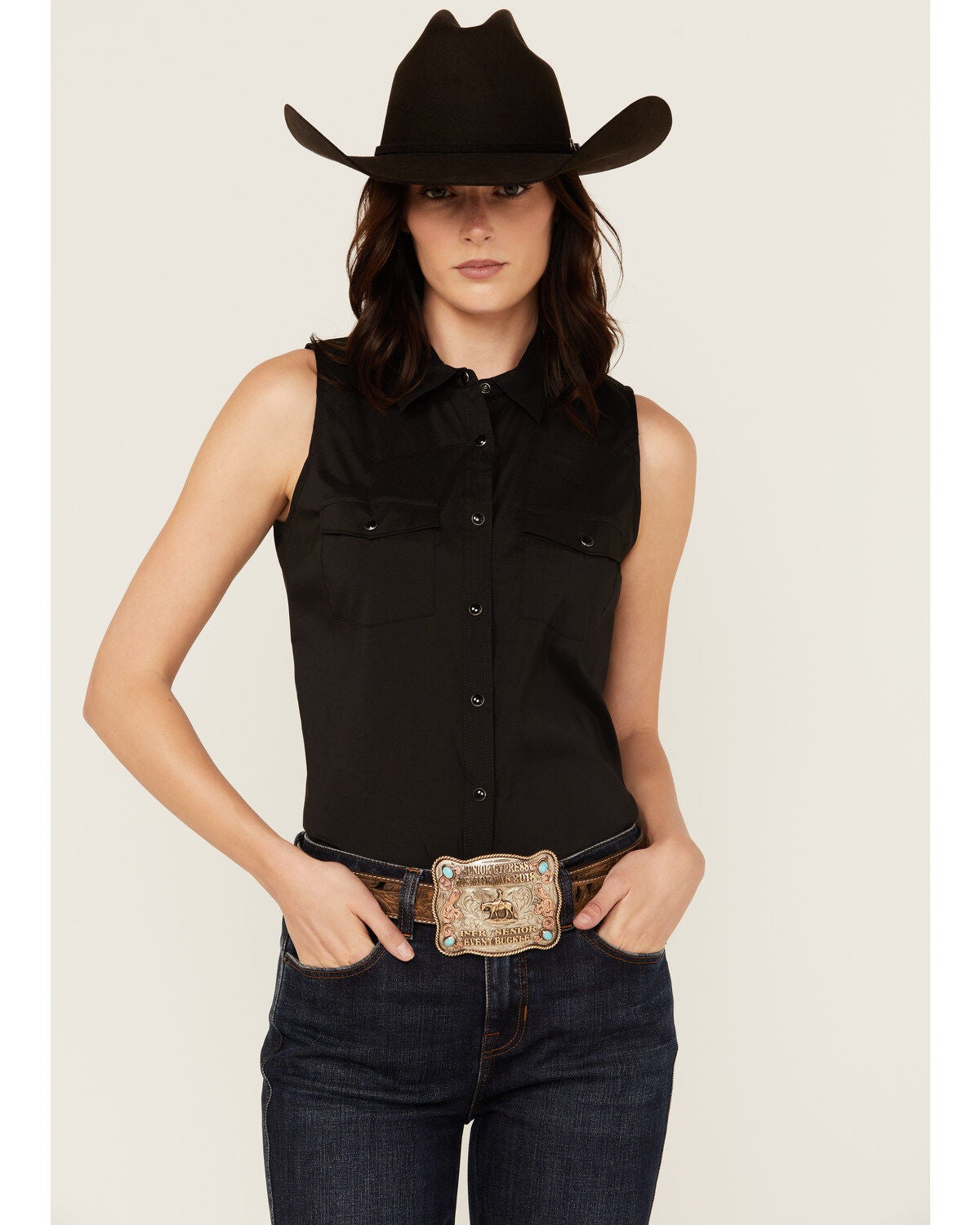 Shyanne Women's Vented Back Yoke Sleeveless Performance Stretch Riding Shirt, Black, hi-res