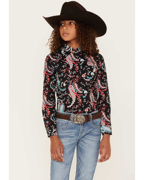 Cruel Girl Girls' Paisley Floral Print Long Sleeve Snap Western Shirt, Black, hi-res