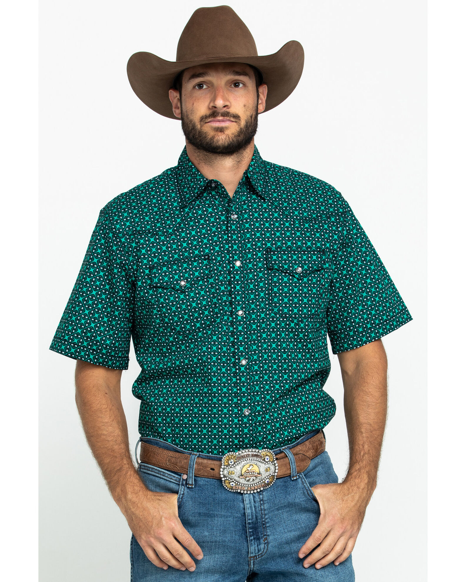 Product Name Wrangler 20X Men s Advanced Comfort Green Geo Print Short Sleeve Western Shirt