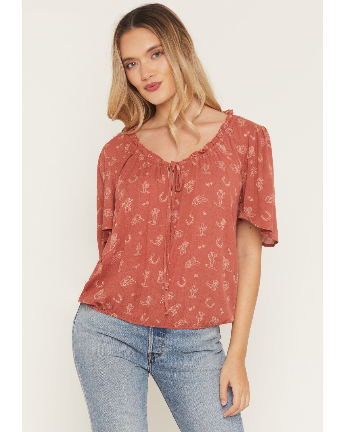 Wild Moss Women's Western Print Short Sleeve Shirt, Rust Copper, hi-res