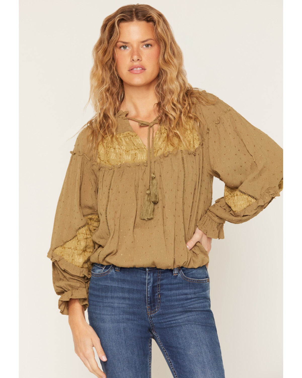 Miss Me Women's Bubble Hem Lace Trim Peasant Blouse, Green, hi-res