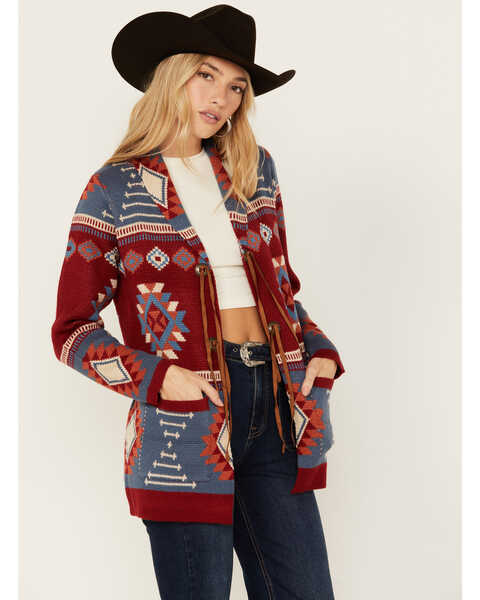 Cotton & Rye Women's Southwestern Print Conch Cardigan , Maroon, hi-res