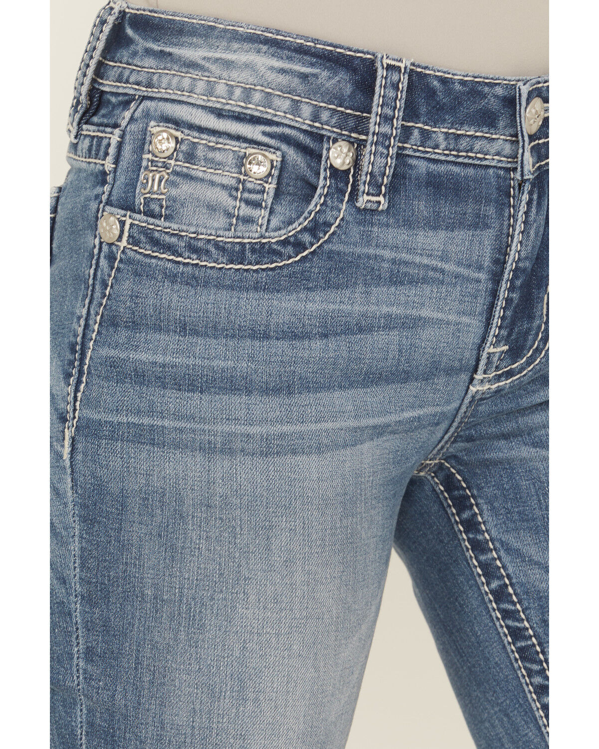 Product Name:  Miss Me Women's Medium Wash Mid Rise Butterfly Pocket Bootcut Stretch Denim Jeans - Long