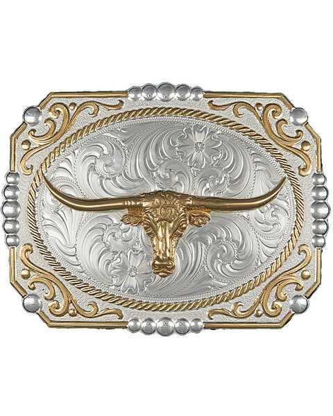 Montana Silversmiths Dual-Tone Cowboy Cameo Longhorn Buckle, Silver, hi-res