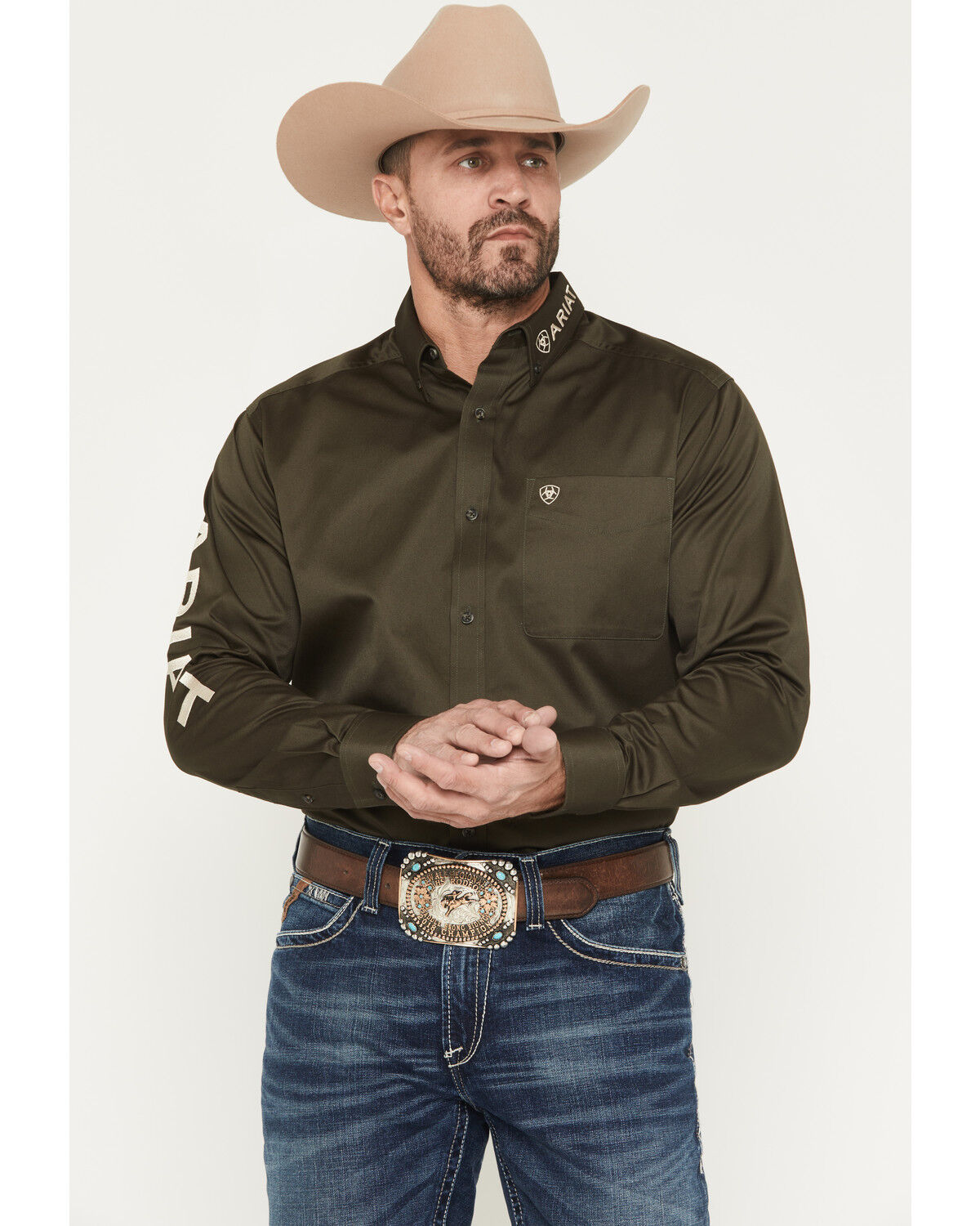 Image #1 - Ariat Men's Logo Solid Twill Long Sleeve Button-Down Western Shirt, Olive, hi-res