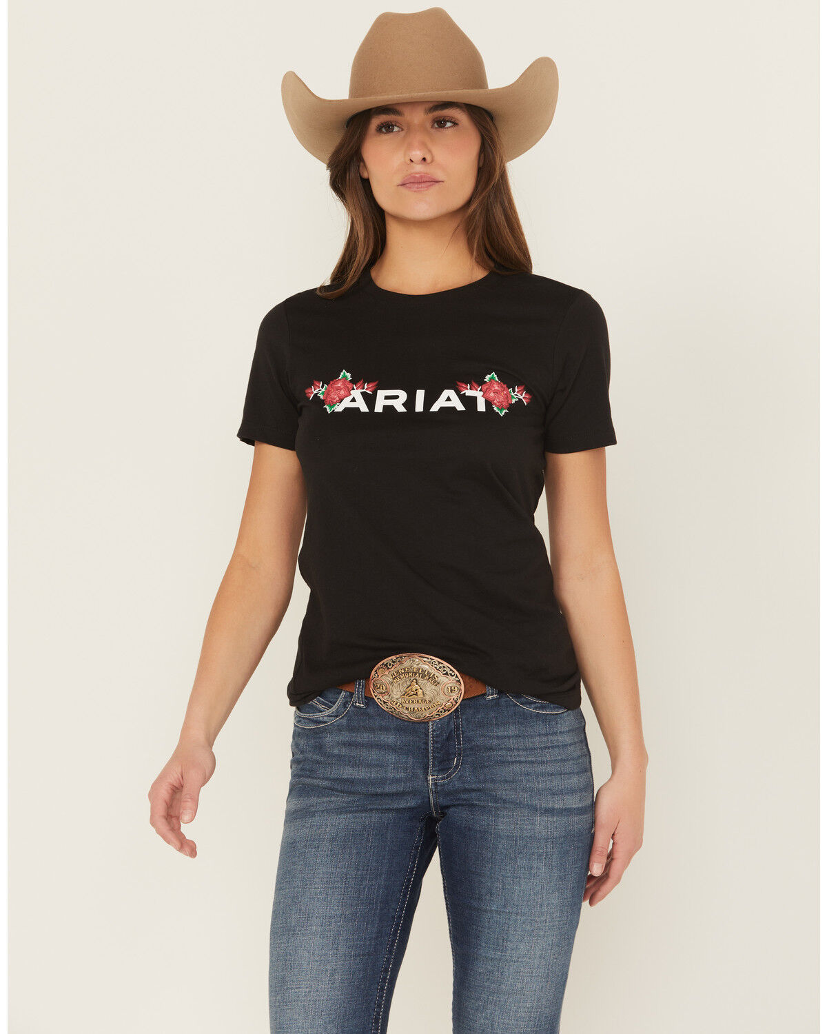 Ariat Women's Boot Barn Exclusive Rosa Logo Short Sleeve Graphic Tee, Black, hi-res