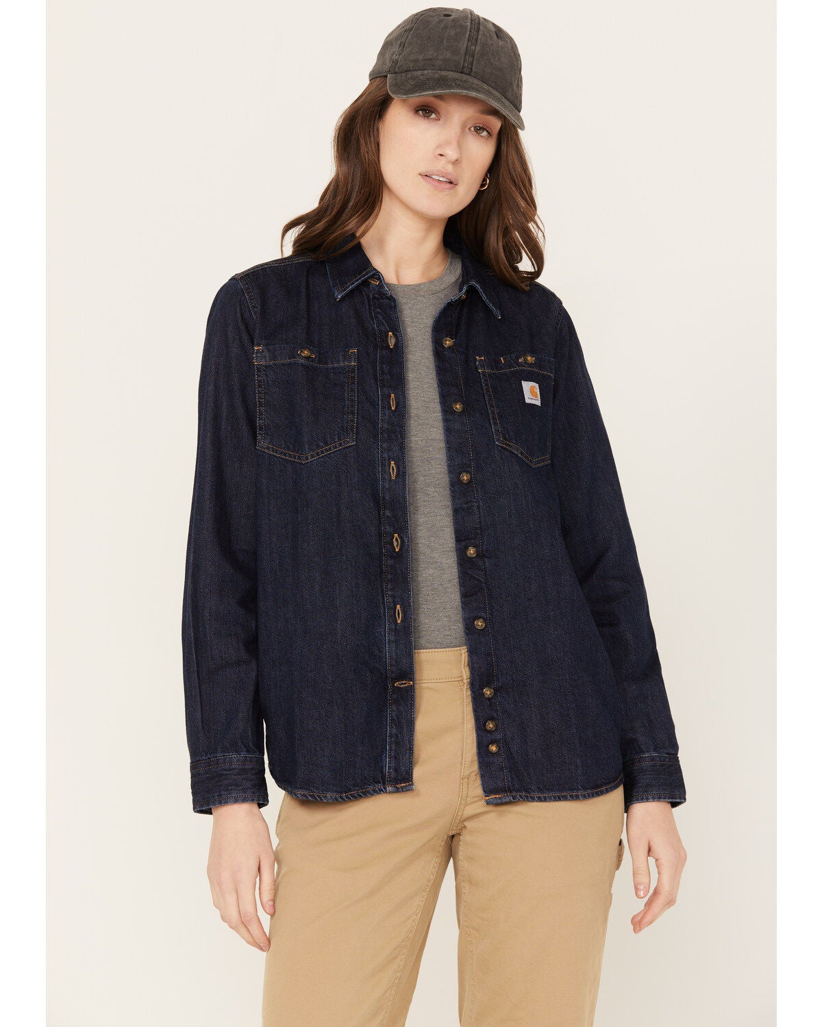 Carhartt Women's Relaxed Fit Midweight Denim Long Sleeve Work Shirt, Blue, hi-res