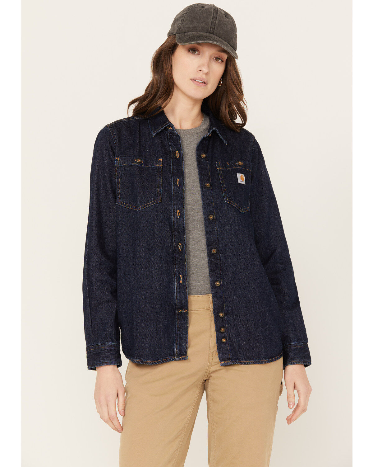 Image #1 - Carhartt Women's Relaxed Fit Midweight Denim Long Sleeve Work Shirt, Blue, hi-res