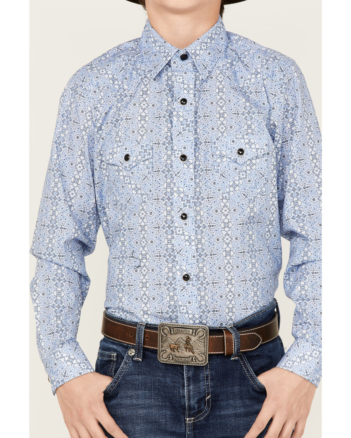 Image #3 - Rock & Roll Denim Boys' Medallion Print Long Sleeve Western Snap Shirt, Blue, hi-res