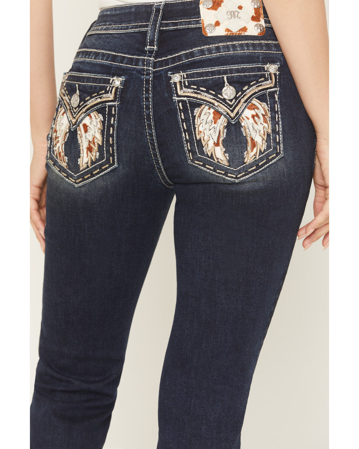 Miss Me Women's Dark Wash Mid Rise Cow Print Pocket 32" Bootcut Stretch Denim Jeans