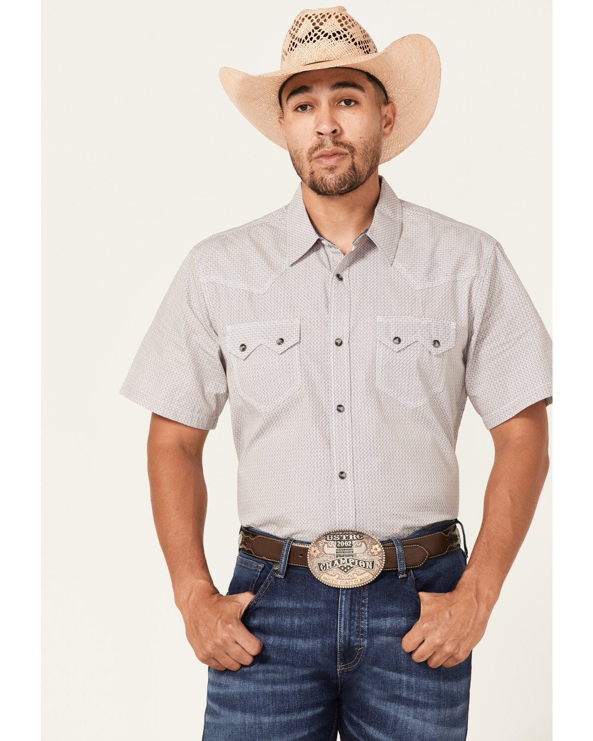 Moonshine Spirit&reg; Men's Static Geo Print Short Sleeve Snap Western Shirt, White, hi-res