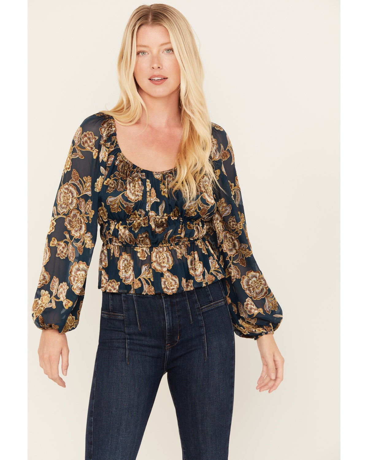 Shyanne Women's Floral Print Burnout Top, Dark Blue, hi-res