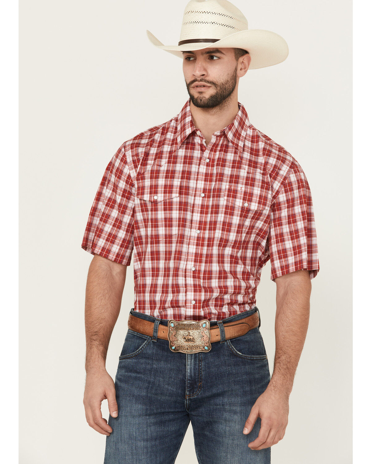 Image #1 - Wrangler Men's Wrinkle Free Plaid Print Short Sleeve Pearl Snap Stretch Western Shirt - Big, , hi-res