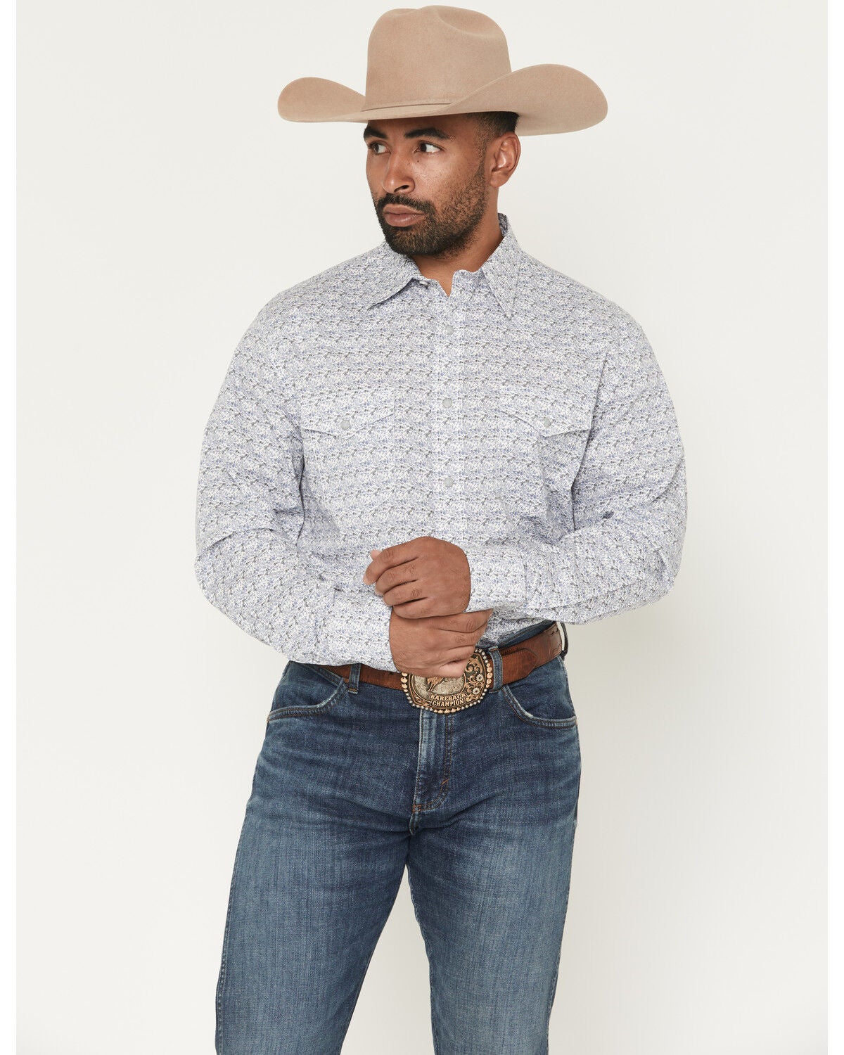 Wrangler 20X Men's Geo Print Long Sleeve Snap Stretch Western Shirt, White, hi-res