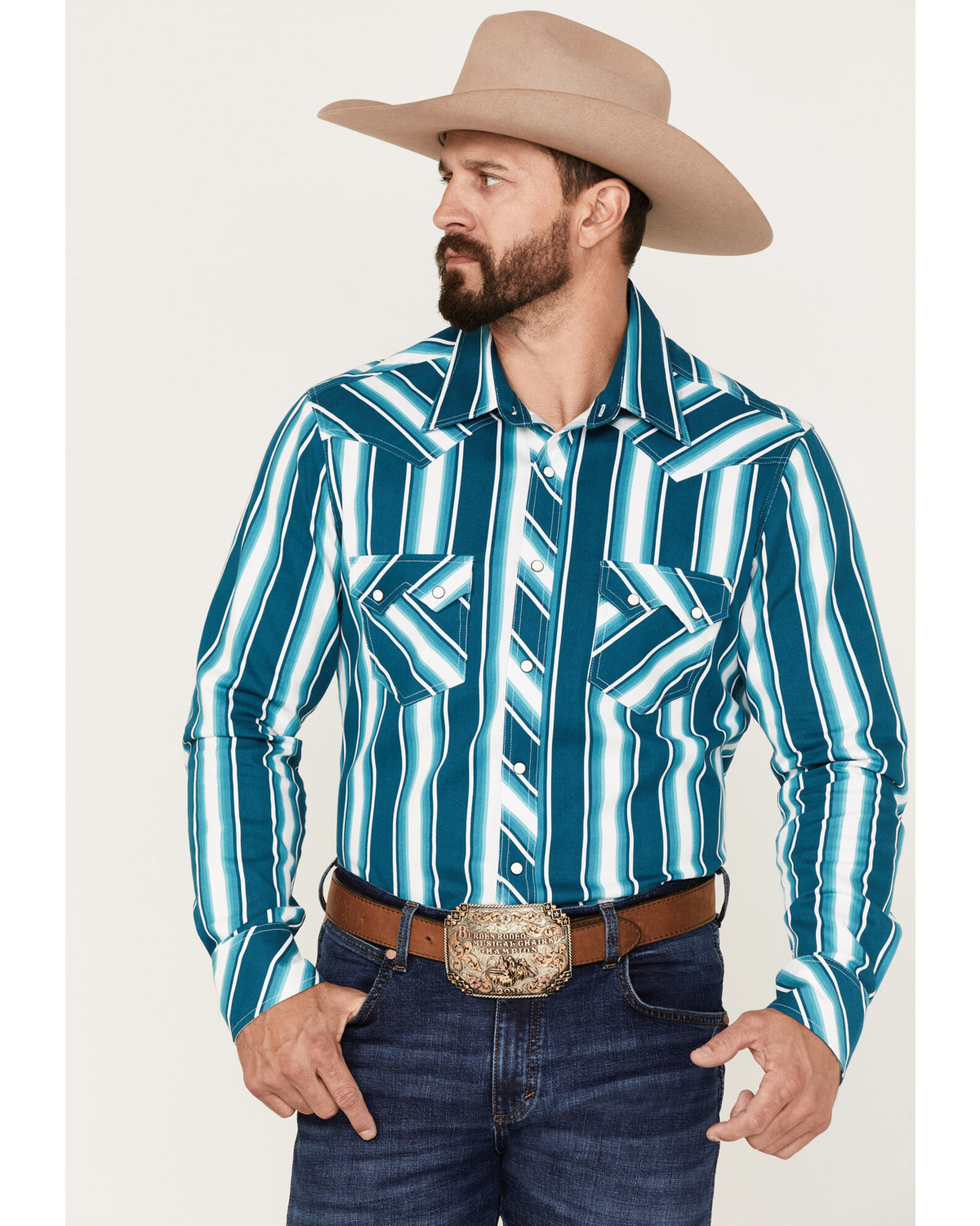 Rock Roll Denim Men s Dale Brisby Stripe Stretch Long Sleeve Pearl Snap Shirt Boot Barn
