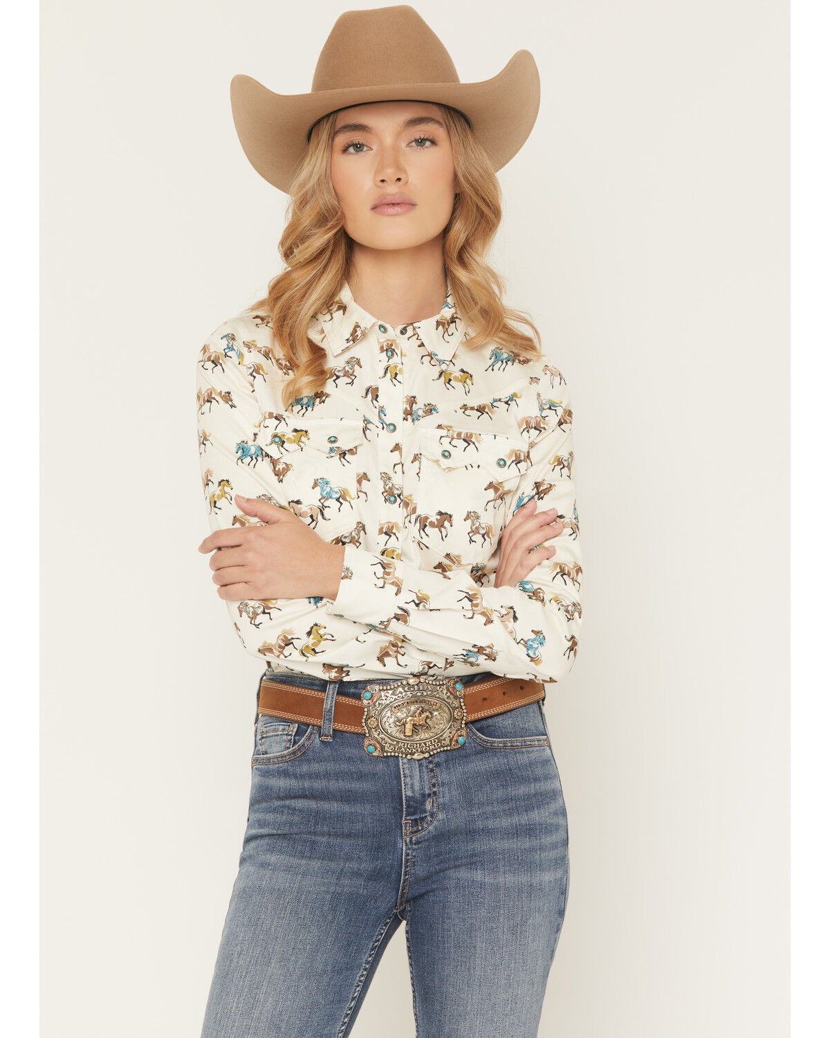 Image #1 - Shyanne Women's Horse Print Long Sleeve Snap Stretch Western Shirt, Cream, hi-res