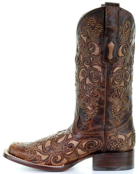 Image #3 - Corral Women's Embroidered Stud Inlay Western Boots, Brown, hi-res
