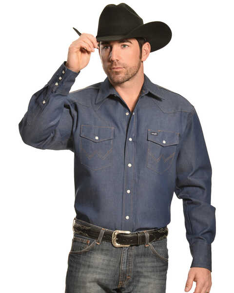 Wrangler Men's Denim Long Sleeve Work Shirt , Indigo, hi-res