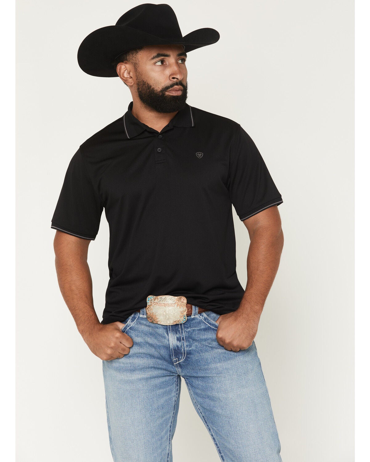 Image #1 - Ariat Men's Fitted Logo Short Sleeve Polo, Black, hi-res