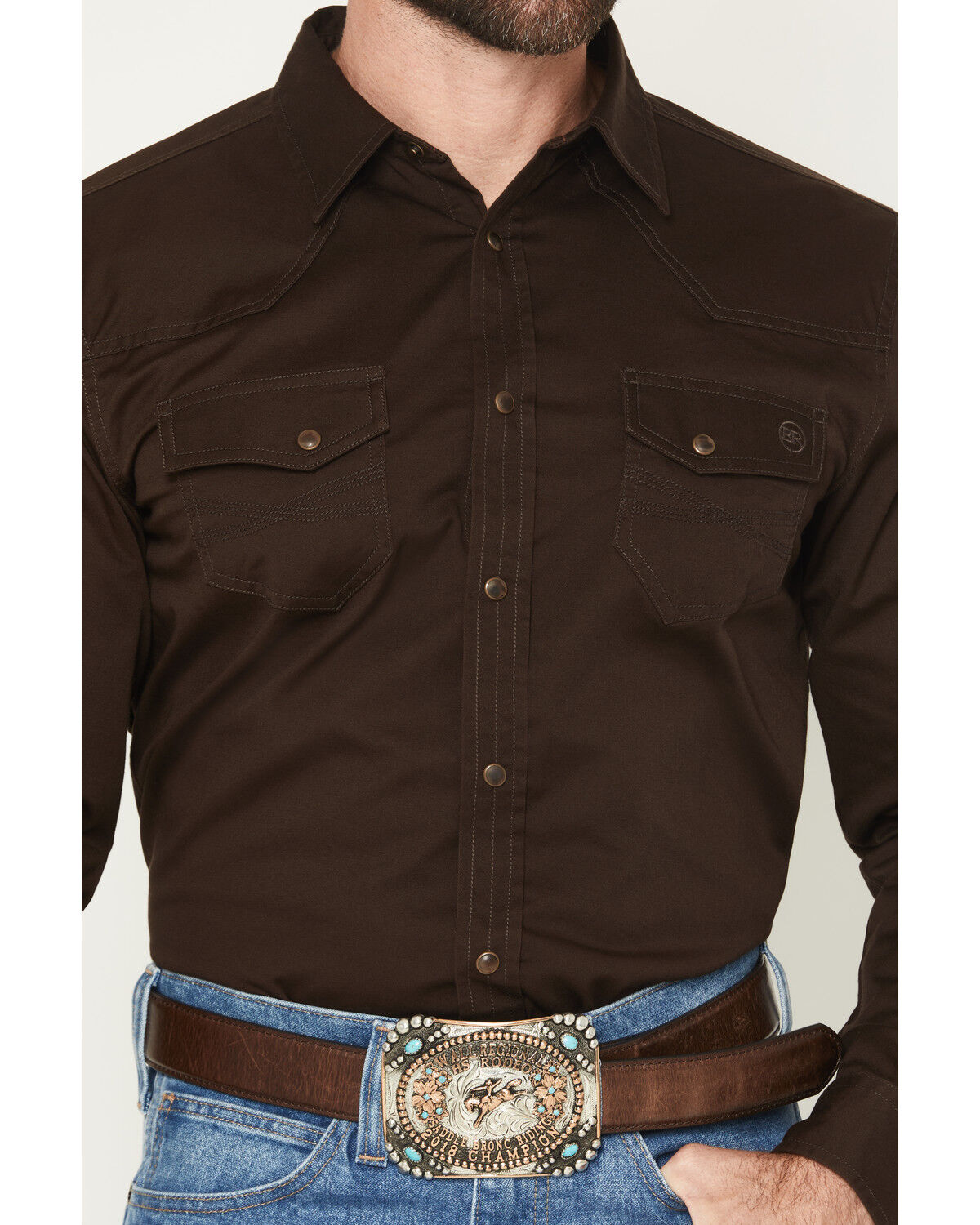 Image #3 - Blue Ranchwear Men's Ranch Life Solid Long Sleeve Snap Stretch Western Shirt, Brown, hi-res