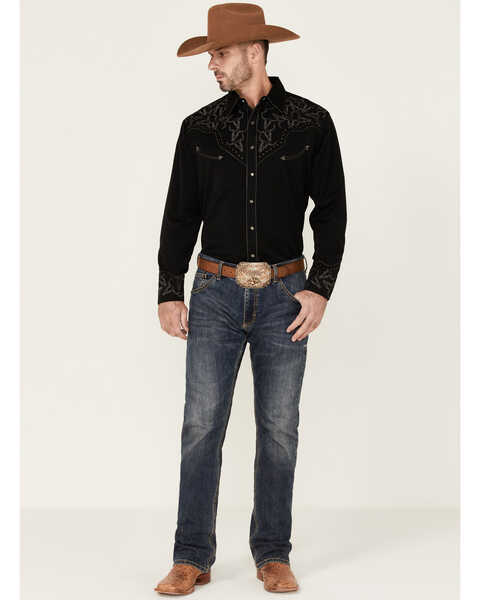 Scully Men's Longhorn Embroidered Studded Black Long Sleeve Snap Western Shirt , Black, hi-res
