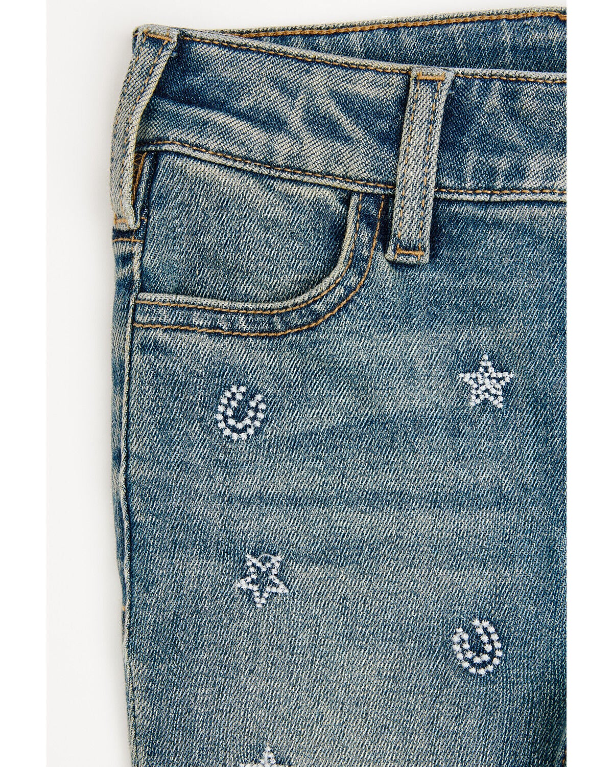 Image #2 - Shyanne Toddler Girls' Amber Dark Wash Embroidered Lacey Flare Stretch Denim Jeans, Dark Wash, hi-res