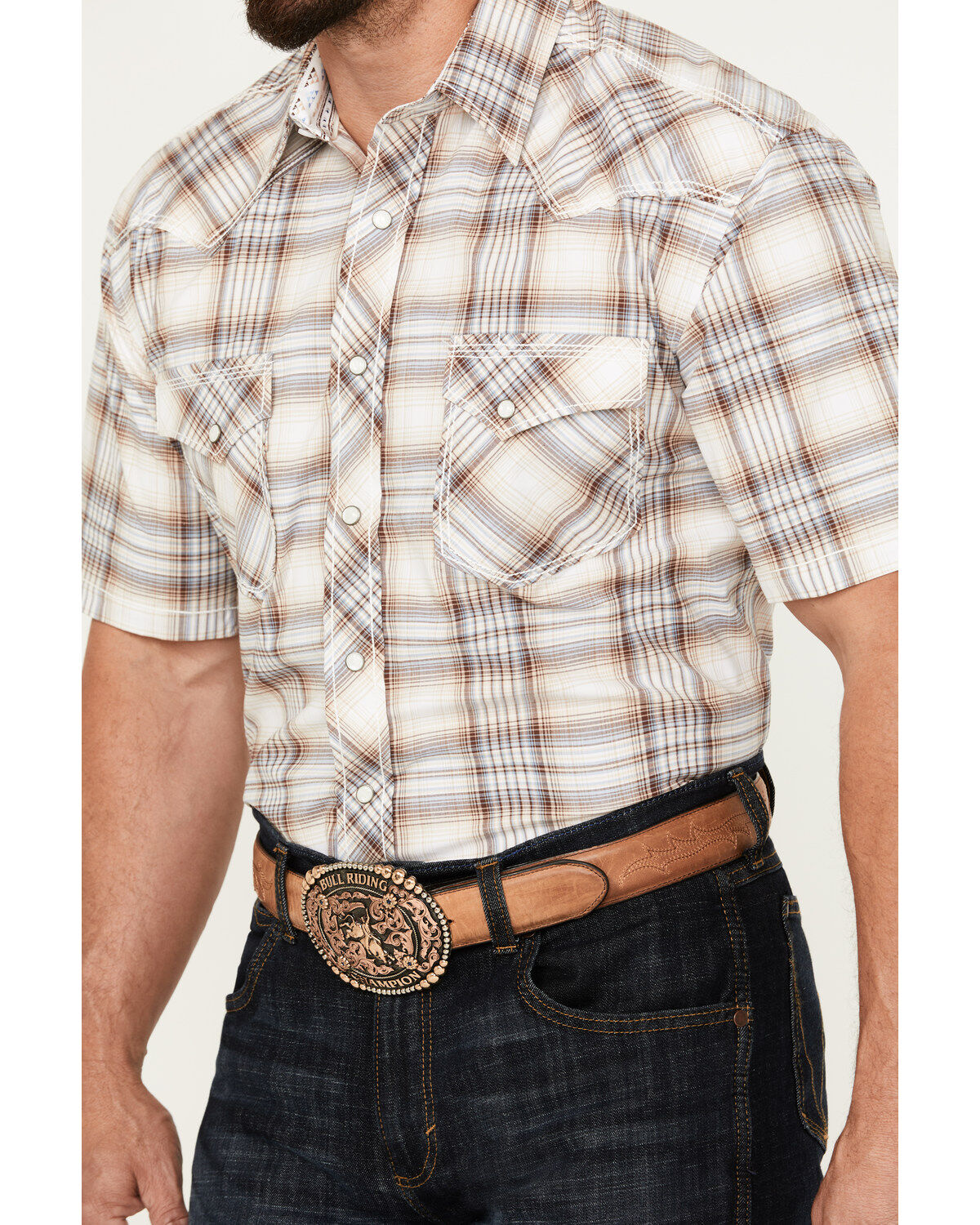 Image #3 - Rough Stock by Panhandle Men's Ombre Plaid Print Short Sleeve Pearl Snap Western Shirt, , hi-res