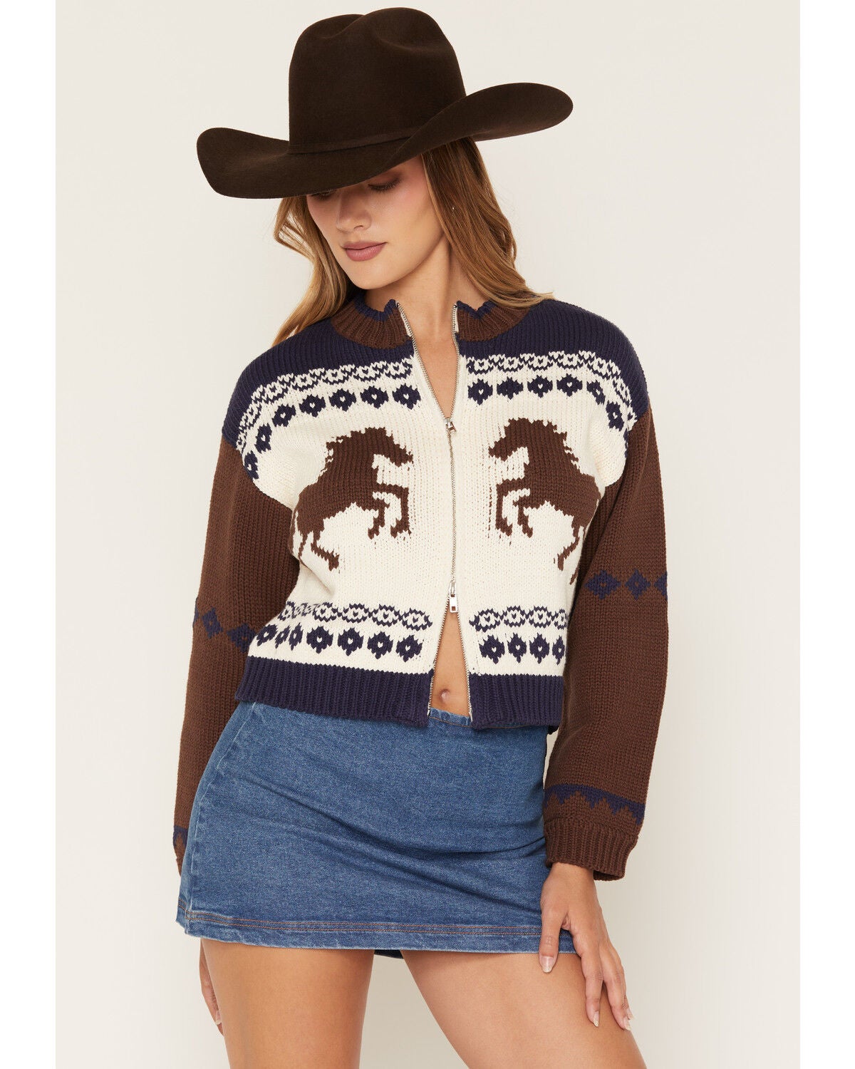 Sadie & Sage Women's Horse Zip-Up Sweater, Brown, hi-res